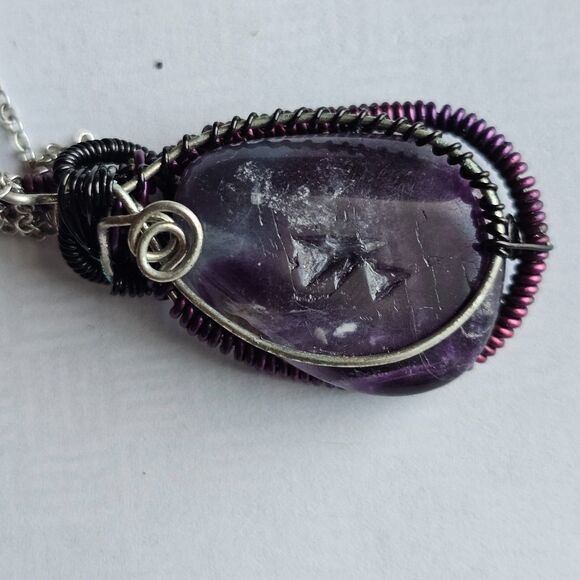 Natural Rainbow Fluorite Wire Wrapped Pendant Necklace, Purple Teal Gemstone - Picture 7 of 7